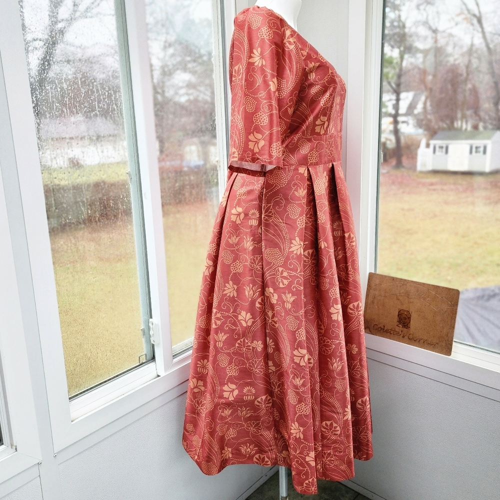 Eshakti Burnt Orange Floral Print Banded High Waist Pleated Taffeta Midi Skirt - Picture 3 of 16